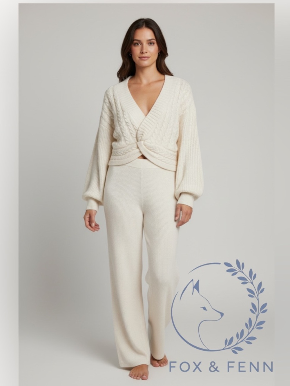 Free People Ivory Cable Knit Lounge Set XL Sweater + Ribbed Wide Leg Pants NWT - Picture 1 of 6